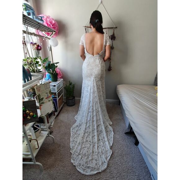 Melissa Sweet Ivory Champagne Short Sleeve Lace Train Wedding Dress Plus Sz 22W - Picture 7 of 12